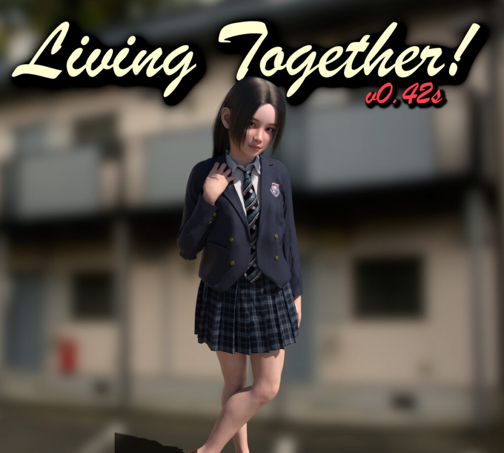 Living Together Walkthrough thump depicting a girl wearing a school uniform posing in front of a few cheap apartments.